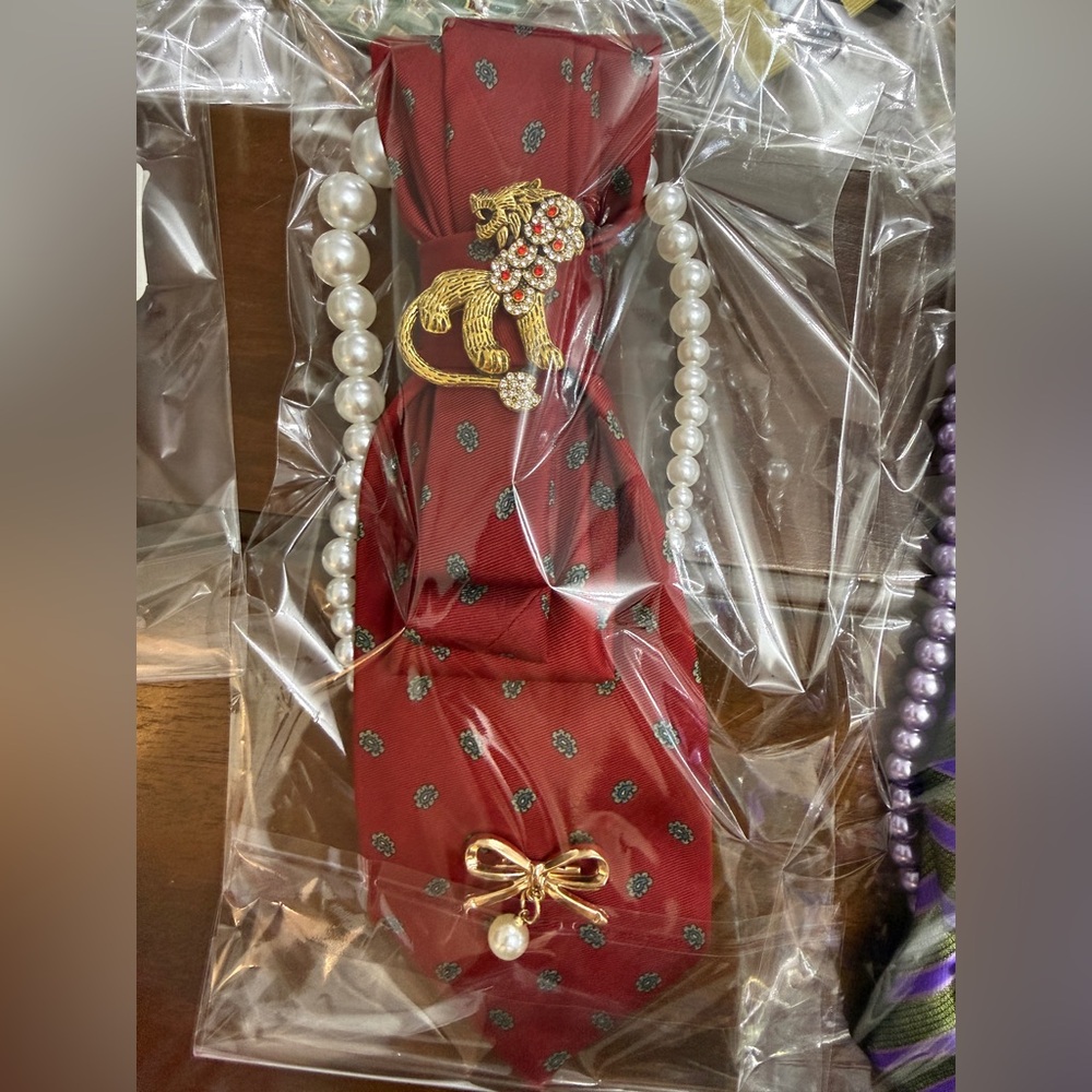 Upcycle Lion Tie necklace with Gold Brooch and Pearl Accents